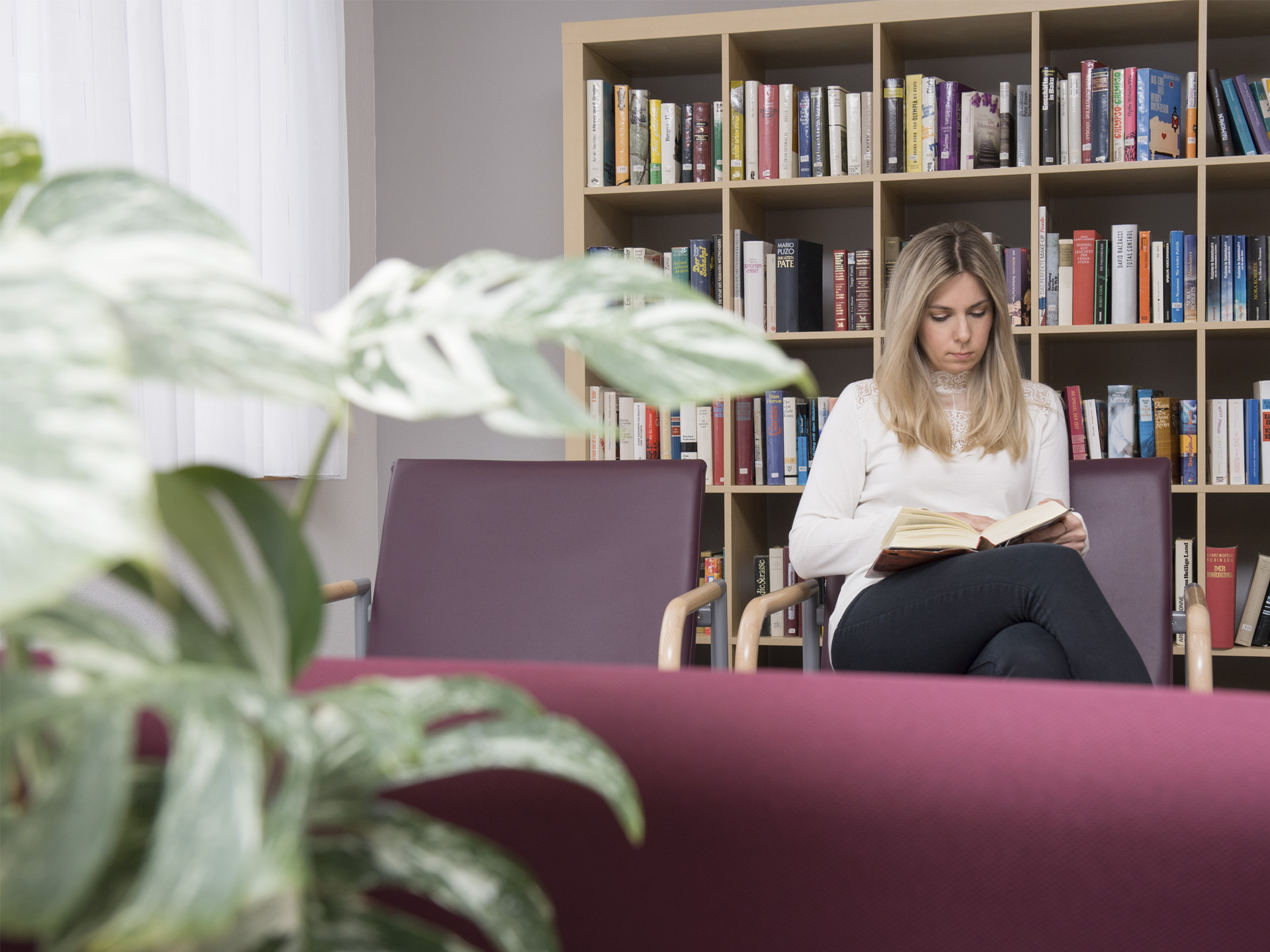 Frau, Lesen, Bibliothek, Pflanzen, Bücherregal